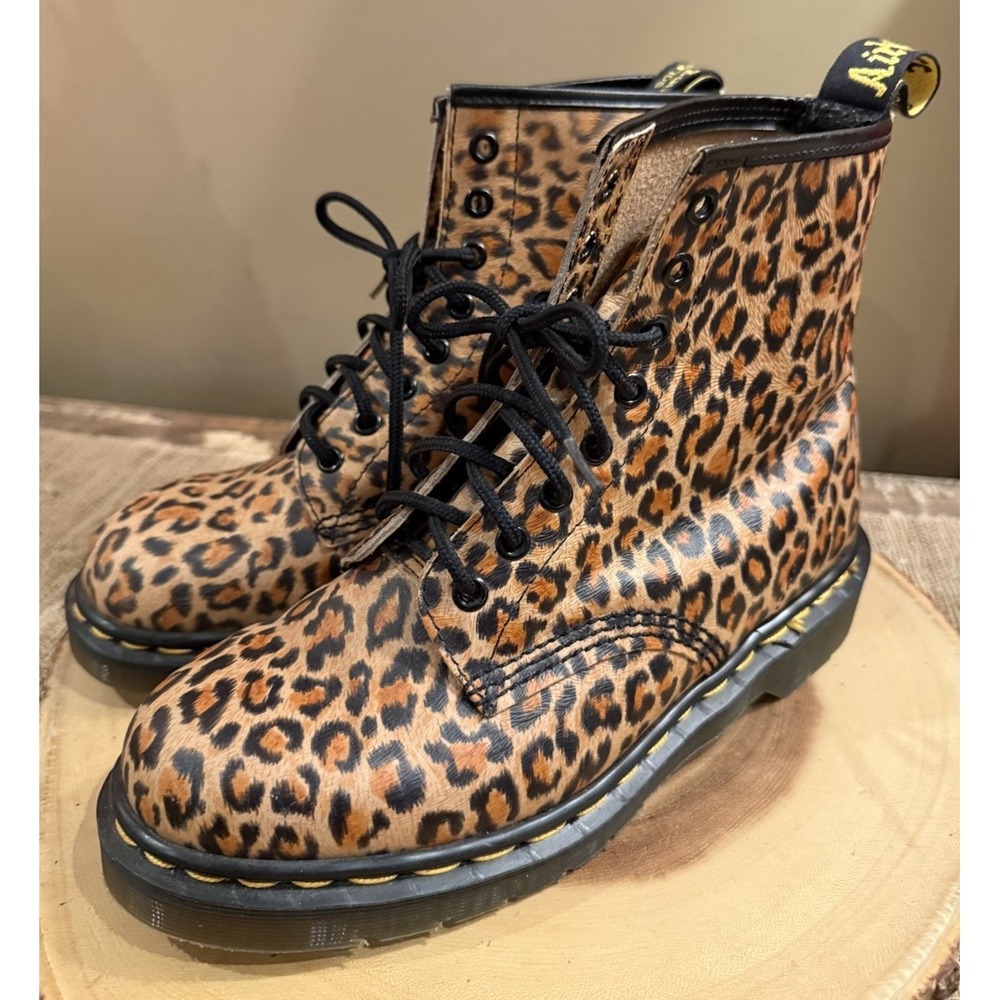 DR. MARTENS LEOPARD PRINT LEATHER BOOTS 6UK‎ 8USA MADE IN ENGLAND VINTAGE New - Picture 3 of 14